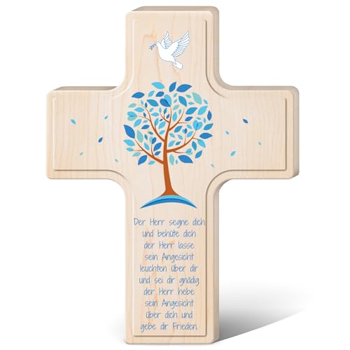 GRAVURZEILE Personalisiertes Kinderkreuz zur Taufe Kommunion und Konfirmation - Lebensbaum - Holzkreuz für Kinder personalisiert mit Text - Personalisierte Geschenke für Jungen und Mädchen - Blau von GRAVURZEILE