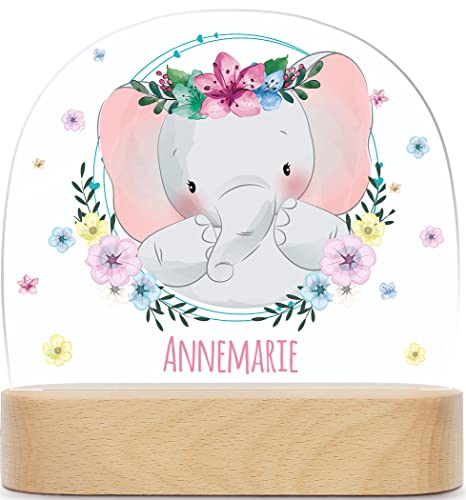GRAVURZEILE Personalisiertes LED Nachtlicht für Kinder - Blumenkranz - Personalisiert mit Namen - Nachttischlampe für das Kinderzimmer - Geschenk für Kinder & Babys - Baby Geschenk - Elefant Blume von GRAVURZEILE