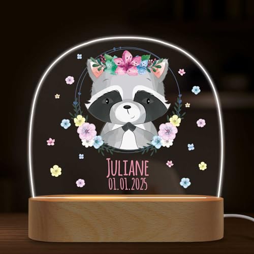 GRAVURZEILE Personalisiertes LED Nachtlicht für Kinder - Blumenkranz - Personalisiert mit Namen - Nachttischlampe für das Kinderzimmer - Geschenk für Kinder & Babys - Baby Geschenk - Waschbär von GRAVURZEILE