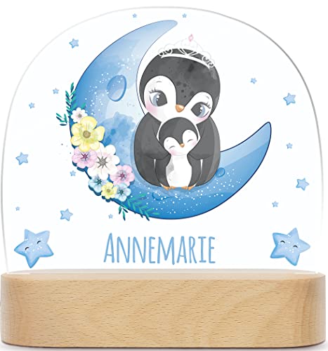 GRAVURZEILE Personalisiertes Kinder Nachtlicht - Mond Design - LED Nachttischlampe für das Kinderzimmer - Personalisierte Geschenke für Kinder & Babys - Geschenk zur Geburt - Babygeschenk - Pinguin von GRAVURZEILE