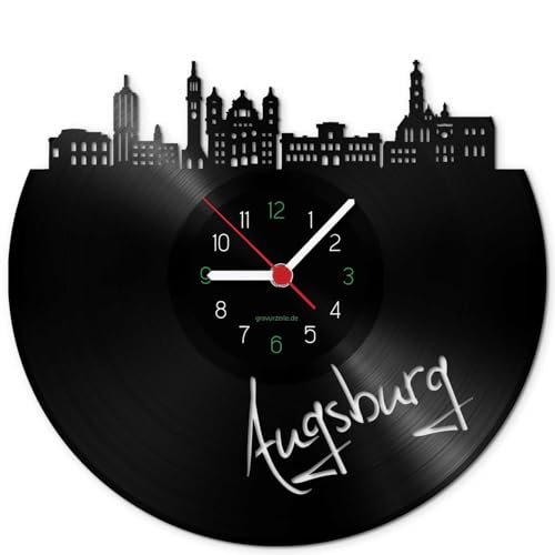 GRAVURZEILE Schallplattenuhr - Skyline Augsburg - Wanduhr aus gegossenem Vinyl mit Stadt Skyline - 30 cm - Upcycling Designer Uhr - Moderne Wanduhr im Retro Vintage Style - Made in Germany von GRAVURZEILE