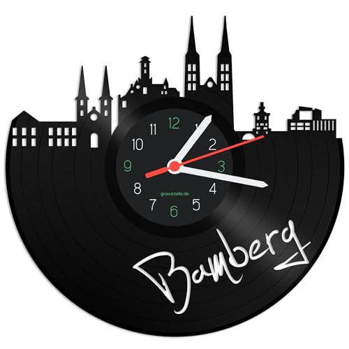 GRAVURZEILE Schallplattenuhr - Skyline Bamberg - Wanduhr aus gegossenem Vinyl mit Stadt Skyline 30 cm - Upcycling Designer Uhr - Moderne Wanduhr im Retro Vintage Style - Made in Germany von GRAVURZEILE