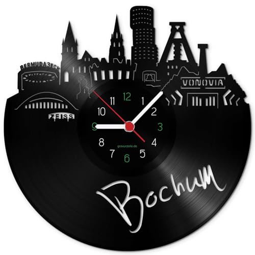GRAVURZEILE Schallplattenuhr - Skyline Bochum - Wanduhr aus gegossenem Vinyl mit Stadt Skyline 30 cm - Upcycling Design-Uhr Wand-Deko Vintage Wand-Dekoration Retro-Uhr - Made in Germany von GRAVURZEILE