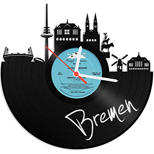 GRAVURZEILE Schallplattenuhr - Skyline Bremen - Wanduhr aus gegossenem Vinyl mit Stadt Skyline 30 cm - Upcycling Design-Uhr Wand-Deko Vintage-Uhr Wand-Dekoration Retro-Uhr - Made in Germany von GRAVURZEILE