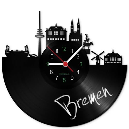 GRAVURZEILE Schallplattenuhr - Skyline Bremen - Wanduhr aus gegossenem Vinyl mit Stadt Skyline 30 cm - Upcycling Design-Uhr Wand-Deko Vintage Wand-Dekoration Retro-Uhr - Made in Germany von GRAVURZEILE