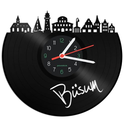 GRAVURZEILE Schallplattenuhr - Skyline Büsum - Wanduhr aus gegossenem Vinyl mit Stadt Skyline - 30 cm - Upcycling Designer Uhr - Moderne Wanduhr im Retro Vintage Style - Made in Germany von GRAVURZEILE