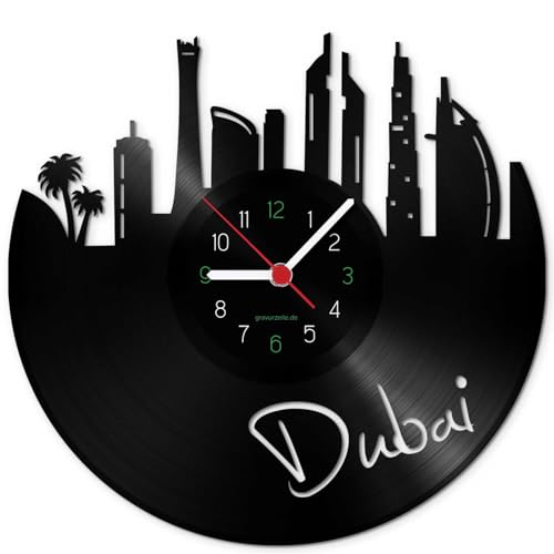 GRAVURZEILE Schallplattenuhr - Skyline Dubai - Wanduhr aus gegossenem Vinyl mit Stadt Skyline 30 cm - Upcycling Design-Uhr Wand-Deko Vintage Wand-Dekoration Retro-Uhr - Made in Germany von GRAVURZEILE