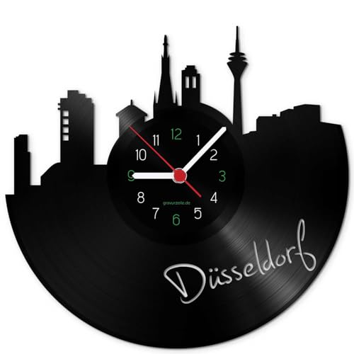 GRAVURZEILE Schallplattenuhr - Skyline Düsseldorf - Wanduhr aus gegossenem Vinyl mit Stadt Skyline 30 cm - Upcycling Design-Uhr Wand-Deko Vintage Wand-Dekoration Retro-Uhr - Made in Germany von GRAVURZEILE