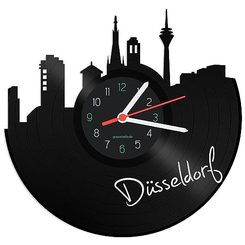 GRAVURZEILE Schallplattenuhr - Skyline Düsseldorf - Wanduhr aus gegossenem Vinyl mit Stadt Skyline 30 cm - Upcycling Designer Uhr - Moderne Wanduhr im Retro Vintage Style - Made in Germany von GRAVURZEILE