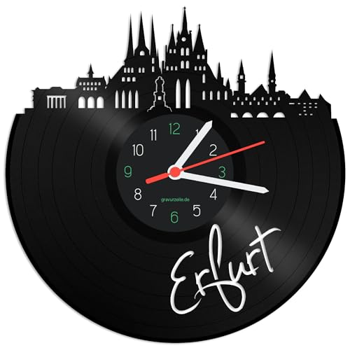 GRAVURZEILE Schallplattenuhr - Skyline Erfurt - Wanduhr aus gegossenem Vinyl mit Stadt Skyline - 30 cm - Upcycling Designer Uhr - Moderne Wanduhr im Retro Vintage Style - Made in Germany von GRAVURZEILE