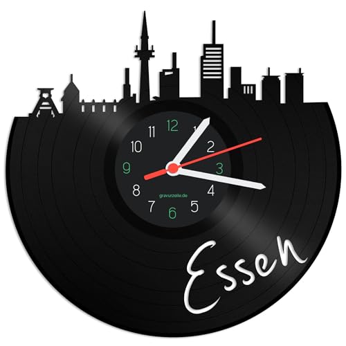 GRAVURZEILE Schallplattenuhr - Skyline Essen - Wanduhr aus gegossenem Vinyl mit Stadt Skyline 30 cm - Upcycling Design-Uhr Wand-Deko Vintage-Uhr Wand-Dekoration Retro-Uhr - Made in Germany von GRAVURZEILE