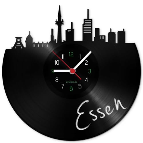 GRAVURZEILE Schallplattenuhr - Skyline Essen - Wanduhr aus gegossenem Vinyl mit Stadt Skyline 30 cm - Upcycling Design-Uhr Wand-Deko Vintage Wand-Dekoration Retro-Uhr - Made in Germany von GRAVURZEILE
