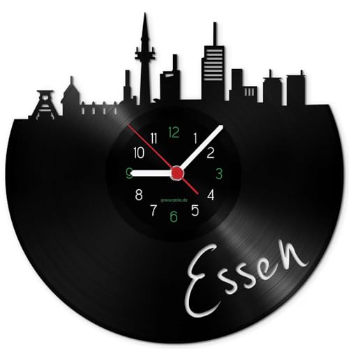 GRAVURZEILE Schallplattenuhr - Skyline Essen - Wanduhr aus gegossenem Vinyl mit Stadt Skyline 30 cm - Upcycling Design-Uhr Wand-Deko Vintage-Uhr Wand-Dekoration Retro-Uhr - Made in Germany von GRAVURZEILE