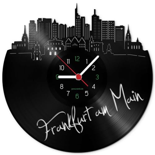 GRAVURZEILE Schallplattenuhr - Skyline Frankfurt am Main - Wanduhr aus gegossenem Vinyl mit Stadt Skyline 30 cm - Upcycling Design-Uhr Wand-Deko Vintage Wand-Dekoration Retro-Uhr - Made in Germany von GRAVURZEILE