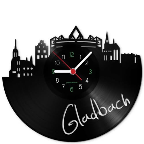 GRAVURZEILE Schallplattenuhr - Skyline Gladbach - Wanduhr aus gegossenem Vinyl mit Stadt Skyline 30 cm - Upcycling Design-Uhr Wand-Deko Vintage Wand-Dekoration Retro-Uhr - Made in Germany von GRAVURZEILE