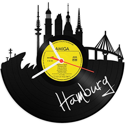 GRAVURZEILE Schallplattenuhr - Skyline Hamburg 2018 - Wanduhr aus gegossenem Vinyl mit Stadt Skyline 30 cm - Upcycling Design-Uhr Wand-Deko Vintage-Uhr Wand-Dekoration Retro-Uhr - Made in Germany von GRAVURZEILE