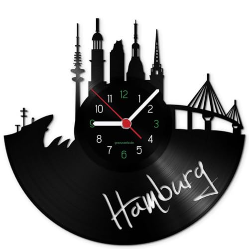 GRAVURZEILE Schallplattenuhr - Skyline Hamburg 2018 - Wanduhr aus gegossenem Vinyl mit Stadt Skyline 30 cm - Upcycling Design-Uhr Wand-Deko Vintage Wand-Dekoration Retro-Uhr - Made in Germany von GRAVURZEILE