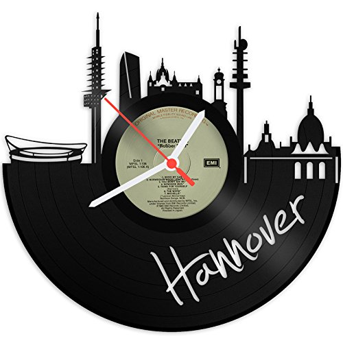 GRAVURZEILE Schallplattenuhr - Skyline Hannover - Wanduhr aus gegossenem Vinyl mit Stadt Skyline 30 cm - Upcycling Design-Uhr Wand-Deko Vintage-Uhr Wand-Dekoration Retro-Uhr - Made in Germany von GRAVURZEILE