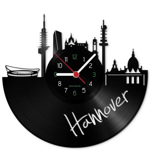 GRAVURZEILE Schallplattenuhr - Skyline Hannover - Wanduhr aus gegossenem Vinyl mit Stadt Skyline 30 cm - Upcycling Design-Uhr Wand-Deko Vintage Wand-Dekoration Retro-Uhr - Made in Germany von GRAVURZEILE