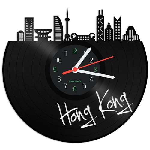 GRAVURZEILE Schallplattenuhr - Skyline Hong Kong - Wanduhr aus gegossenem Vinyl mit Stadt Skyline 30 cm - Upcycling Designer Uhr - Moderne Wanduhr im Retro Vintage Style - Made in Germany von GRAVURZEILE