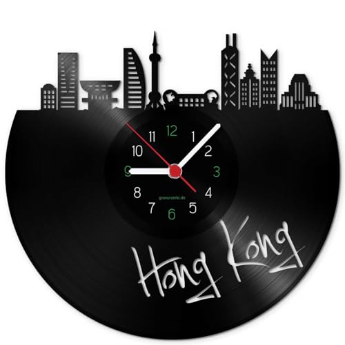 GRAVURZEILE Schallplattenuhr - Skyline Hong Kong - Wanduhr aus gegossenem Vinyl mit Stadt Skyline 30 cm - Upcycling Designer Uhr - Moderne Wanduhr im Retro Vintage Style - Made in Germany von GRAVURZEILE