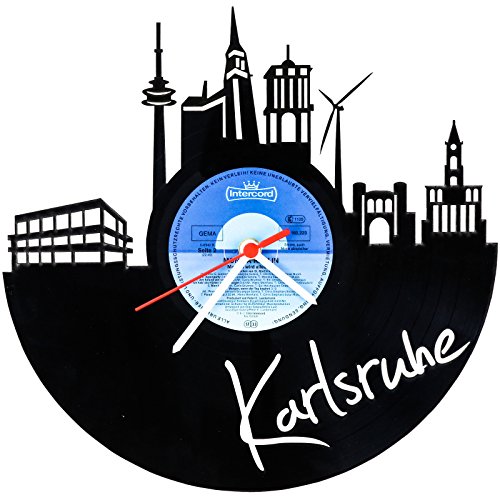 GRAVURZEILE Schallplattenuhr - Skyline Karlsruhe - Wanduhr aus gegossenem Vinyl mit Stadt Skyline 30 cm - Upcycling Design-Uhr Wand-Deko Vintage-Uhr Wand-Dekoration Retro-Uhr - Made in Germany von GRAVURZEILE