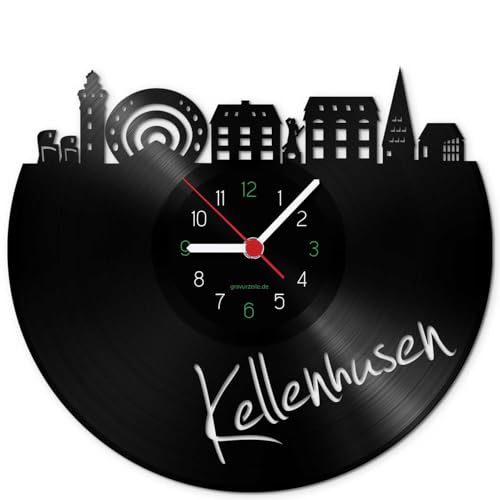 GRAVURZEILE Schallplattenuhr - Skyline Kellenhusen - Wanduhr aus gegossenem Vinyl mit Stadt Skyline 30 cm - Upcycling Designer Uhr - Moderne Wanduhr im Retro Vintage Style - Made in Germany von GRAVURZEILE