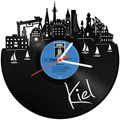 GRAVURZEILE Schallplattenuhr - Skyline Kiel - Wanduhr aus gegossenem Vinyl mit Stadt Skyline 30 cm - Upcycling Design-Uhr Wand-Deko Vintage-Uhr Wand-Dekoration Retro-Uhr - Made in Germany von GRAVURZEILE