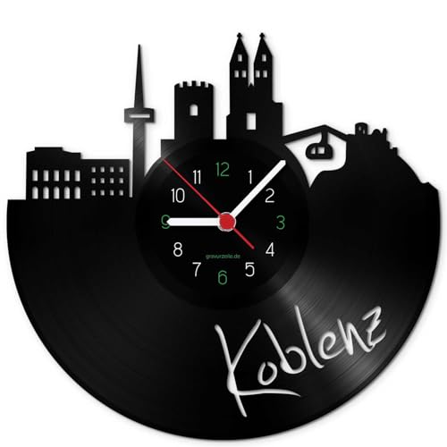 GRAVURZEILE Schallplattenuhr - Skyline Koblenz - Wanduhr aus gegossenem Vinyl mit Stadt Skyline 30 cm - Upcycling Designer Uhr - Moderne Wanduhr im Retro Vintage Style - Made in Germany von GRAVURZEILE