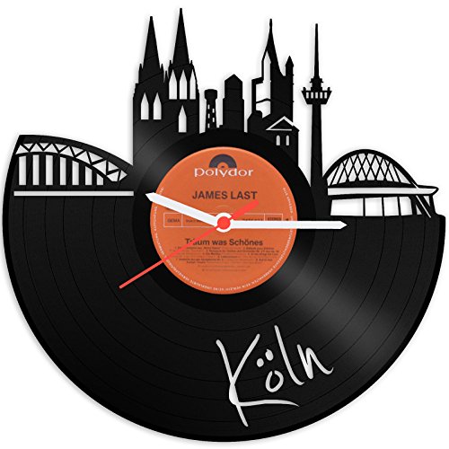 GRAVURZEILE Schallplattenuhr - Skyline Köln - Wanduhr aus gegossenem Vinyl mit Stadt Skyline 30 cm - Upcycling Design-Uhr Wand-Deko Vintage-Uhr Wand-Dekoration Retro-Uhr - Made in Germany von GRAVURZEILE