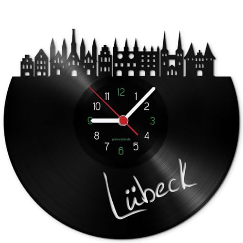 GRAVURZEILE Schallplattenuhr - Skyline Lübeck - Wanduhr aus gegossenem Vinyl mit Stadt Skyline 30 cm - Upcycling Designer Uhr - Moderne Wanduhr im Retro Vintage Style - Made in Germany von GRAVURZEILE