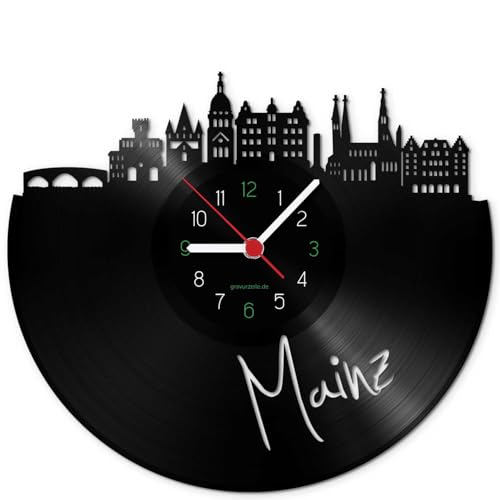 GRAVURZEILE Schallplattenuhr - Skyline Mainz - Wanduhr aus gegossenem Vinyl mit Stadt Skyline - 30 cm - Upcycling Designer Uhr - Moderne Wanduhr im Retro Vintage Style - Made in Germany von GRAVURZEILE