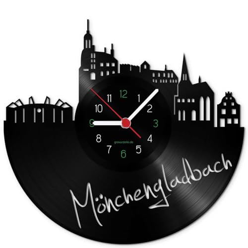 GRAVURZEILE Schallplattenuhr - Skyline Mönchengladbach - Wanduhr aus gegossenem Vinyl mit Stadt Skyline 30 cm - Upcycling Design-Uhr Wand-Deko Vintage Wand-Dekoration Retro-Uhr - Made in Germany von GRAVURZEILE
