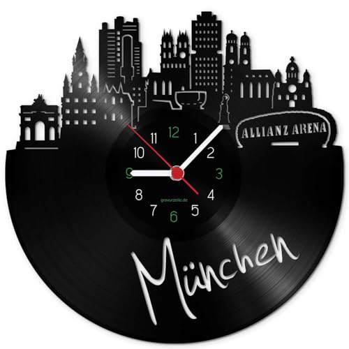 GRAVURZEILE Schallplattenuhr - Skyline München - Wanduhr aus gegossenem Vinyl mit Stadt Skyline 30 cm - Upcycling Design-Uhr Wand-Deko Vintage Wand-Dekoration Retro-Uhr - Made in Germany von GRAVURZEILE