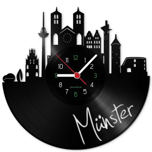 GRAVURZEILE Schallplattenuhr - Skyline Münster - Wanduhr aus gegossenem Vinyl mit Stadt Skyline 30 cm - Upcycling Design-Uhr Wand-Deko Vintage Wand-Dekoration Retro-Uhr - Made in Germany von GRAVURZEILE