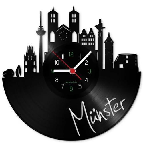 GRAVURZEILE Schallplattenuhr - Skyline Münster - Wanduhr aus gegossenem Vinyl mit Stadt Skyline 30 cm - Upcycling Design-Uhr Wand-Deko Vintage-Uhr Wand-Dekoration Retro-Uhr - Made in Germany von GRAVURZEILE