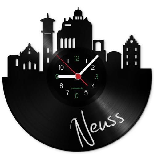 GRAVURZEILE Schallplattenuhr - Skyline Neuss - Wanduhr aus gegossenem Vinyl mit Stadt Skyline - 30 cm - Upcycling Designer Uhr - Moderne Wanduhr im Retro Vintage Style - Made in Germany von GRAVURZEILE