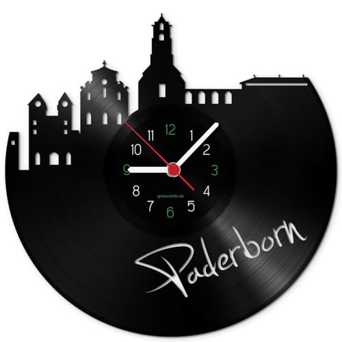 GRAVURZEILE Schallplattenuhr - Skyline Paderborn - Wanduhr aus gegossenem Vinyl mit Stadt Skyline 30 cm - Upcycling Design-Uhr Wand-Deko Vintage Wand-Dekoration Retro-Uhr - Made in Germany von GRAVURZEILE
