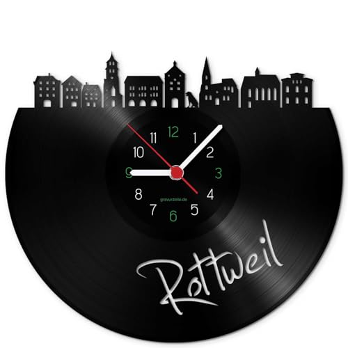 GRAVURZEILE Schallplattenuhr - Skyline Rottweil - Wanduhr aus gegossenem Vinyl mit Stadt Skyline 30 cm - Upcycling Designer Uhr - Moderne Wanduhr im Retro Vintage Style - Made in Germany von GRAVURZEILE