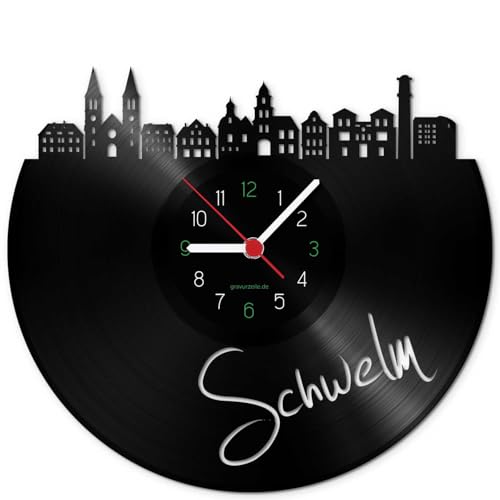 GRAVURZEILE Schallplattenuhr - Skyline Schwelm - Wanduhr aus gegossenem Vinyl mit Stadt Skyline 30 cm - Upcycling Design-Uhr Wand-Deko Vintage Wand-Dekoration Retro-Uhr - Made in Germany von GRAVURZEILE