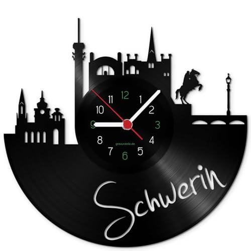 GRAVURZEILE Schallplattenuhr - Skyline Schwerin - Wanduhr aus gegossenem Vinyl mit Stadt Skyline 30 cm - Upcycling Design-Uhr Wand-Deko Vintage Wand-Dekoration Retro-Uhr - Made in Germany von GRAVURZEILE