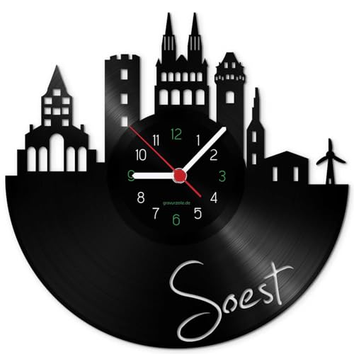 GRAVURZEILE Schallplattenuhr - Skyline Soest - Wanduhr aus gegossenem Vinyl mit Stadt Skyline 30 cm - Upcycling Design-Uhr Wand-Deko Vintage Wand-Dekoration Retro-Uhr - Made in Germany von GRAVURZEILE