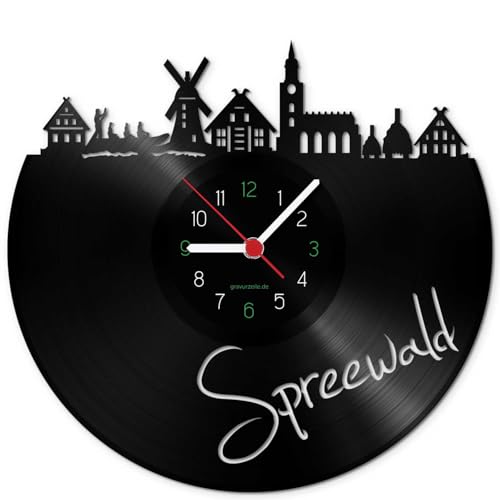 GRAVURZEILE Schallplattenuhr - Skyline Spreewald - Wanduhr aus gegossenem Vinyl mit Stadt Skyline - 30 cm - Upcycling Designer Uhr - Moderne Wanduhr im Retro Vintage Style - Made in Germany von GRAVURZEILE