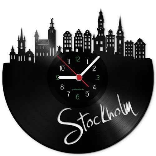 GRAVURZEILE Schallplattenuhr - Skyline Stockholm - Wanduhr aus gegossenem Vinyl mit Stadt Skyline 30 cm - Upcycling Design-Uhr Wand-Deko Vintage Wand-Dekoration Retro-Uhr - Made in Germany von GRAVURZEILE