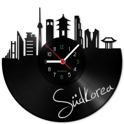 GRAVURZEILE Schallplattenuhr - Skyline Südkorea - Wanduhr aus gegossenem Vinyl mit Stadt Skyline 30 cm - Upcycling Design-Uhr Wand-Deko Vintage Wand-Dekoration Retro-Uhr - Made in Germany von GRAVURZEILE