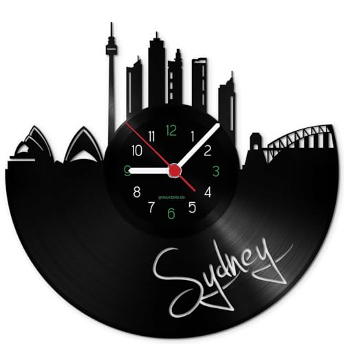 GRAVURZEILE Schallplattenuhr - Skyline Sydney - Wanduhr aus gegossenem Vinyl mit Stadt Skyline 30 cm - Upcycling Design-Uhr Wand-Deko Vintage Wand-Dekoration Retro-Uhr - Made in Germany von GRAVURZEILE
