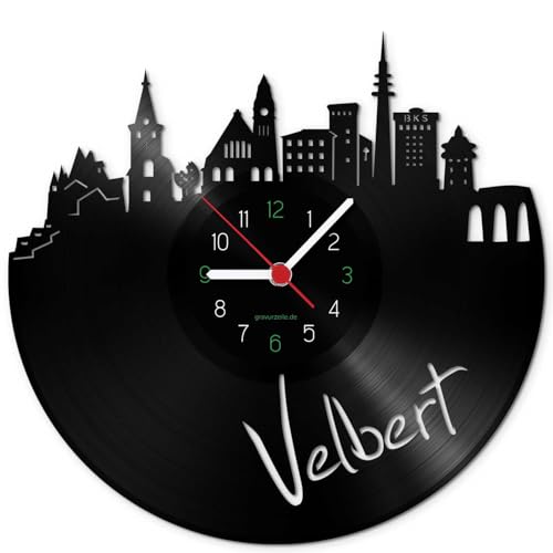 GRAVURZEILE Schallplattenuhr - Skyline Velbert - Wanduhr aus gegossenem Vinyl mit Stadt Skyline 30 cm - Upcycling Design-Uhr Wand-Deko Vintage Wand-Dekoration Retro-Uhr - Made in Germany von GRAVURZEILE