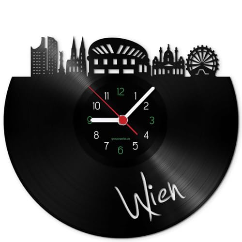 GRAVURZEILE Schallplattenuhr - Skyline Wien - Wanduhr aus gegossenem Vinyl mit Stadt Skyline - 30 cm - Upcycling Designer Uhr - Moderne Wanduhr im Retro Vintage Style - Made in Germany von GRAVURZEILE