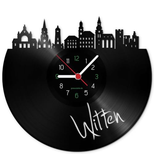 GRAVURZEILE Schallplattenuhr - Skyline Witten - Wanduhr aus gegossenem Vinyl mit Stadt Skyline 30 cm - Upcycling Designer Uhr - Moderne Wanduhr im Retro Vintage Style - Made in Germany von GRAVURZEILE