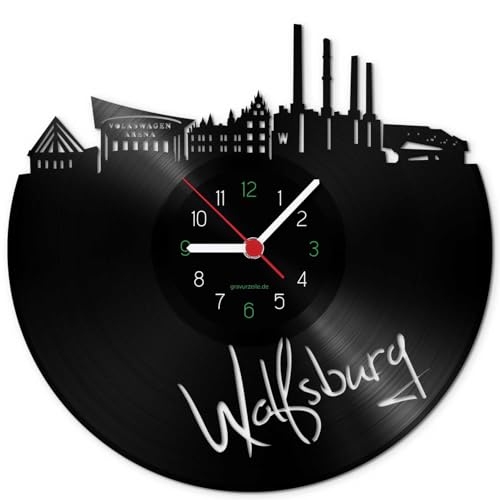 GRAVURZEILE Schallplattenuhr - Skyline Wolfsburg - Wanduhr aus gegossenem Vinyl mit Stadt Skyline 30 cm - Upcycling Design-Uhr Wand-Deko Vintage Wand-Dekoration Retro-Uhr - Made in Germany von GRAVURZEILE